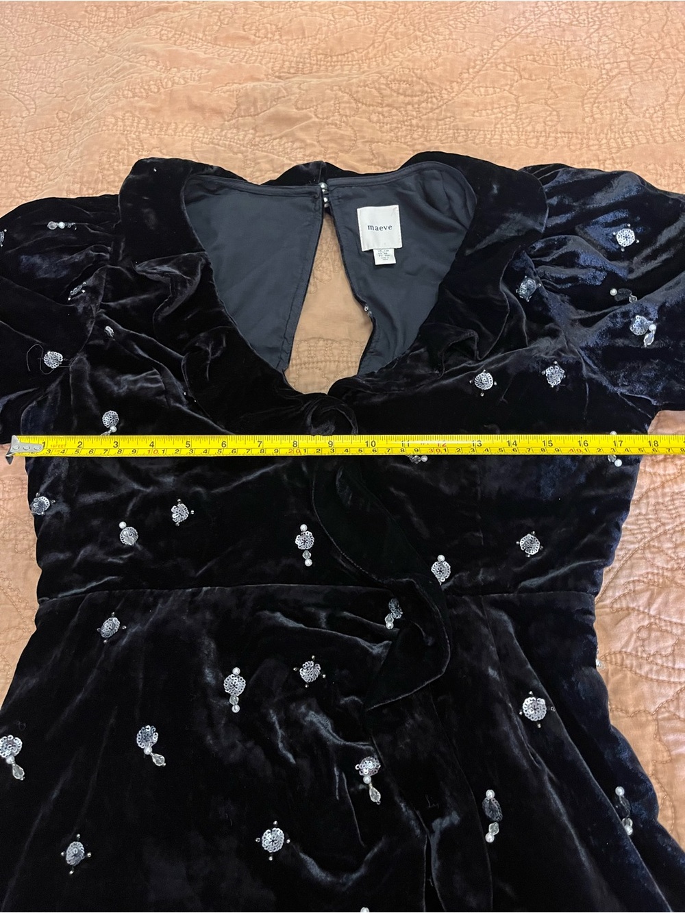 Anthropologie Maeve Black Luxe Velvet Dress Embellished Jewels Puff 8P Mini - Picture 9 of 9